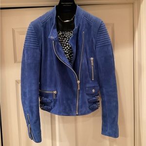 BARBARA BUI BLUE SUEDE MOTO JACKET SILVER HARDWARE SIZE 38 WORN A FEW TIMES
